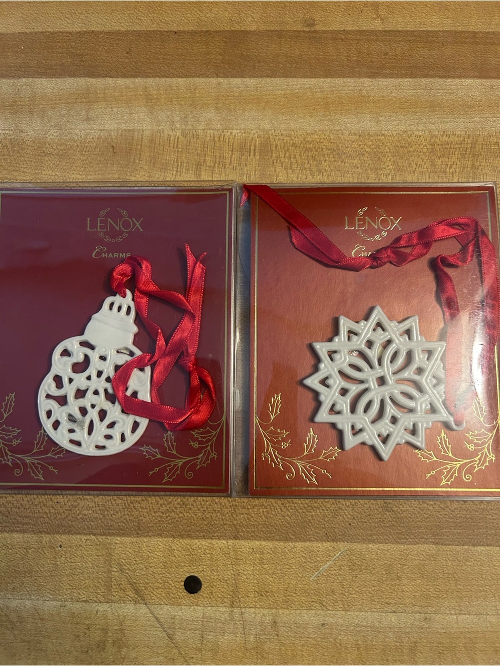 Lenox White Porcelain Ornament Duo with Red Ribbons